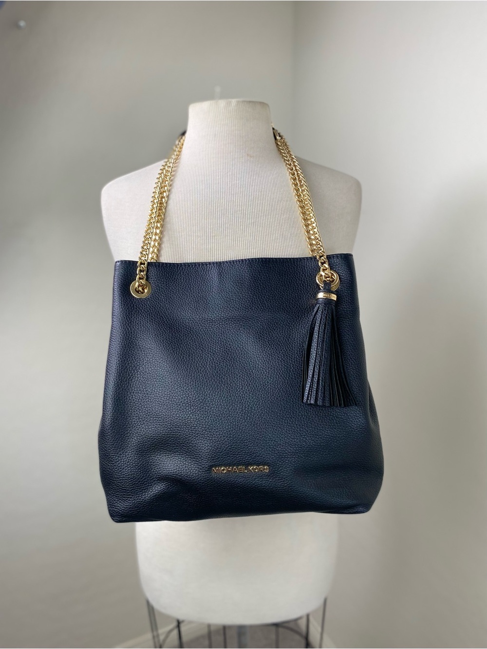Michael Kors Black Pebbled Leather Tote with Gold Chain Straps